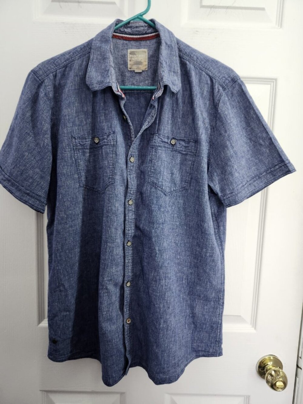 Point Zero Black Label Blue Chambray Linen Short Sleeve semi fit button up xl